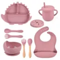 Set vajilla silicona bebé plato dinosaurio bol taza cuchara tenedor babero accesorios - Conjuntos / Rosa