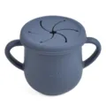 Baby silicone snack cup with dual handles and leakproof petal lid in dark blue color. - Y10 Snack Cup