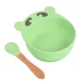 Bol d'aspiration et cuillère en silicone vert, design d'ours mignon vaisselle bébé. - Cuillère avec manche en bois + Bol ours Y3