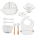 Set de alimentación para bebé de silicona plato ventosa dinosaurio bol cuchara tenedor babero - Conjuntos / Gris claro