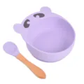 Bol à ventouse en silicone violet avec cuillère en bois pour bébé et jeune enfant - Cuillère avec manche en bois + Bol ours Y2