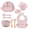 Set de alimentación para bebés de silicona rosa con plato dinosaurio, bol, vaso y babero. - Conjuntos / Rosa