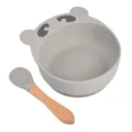 Ensemble bol à ventouse en silicone gris et cuillère avec manche en bois pour bébé repas. - Cuillère à manche en bois et bol ours Y20