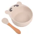 Set bols d'aspiration en silicone pour bébé et cuillère en bois au design mignon d'ours. - Cuillère à manche en bois et bol ours Y24