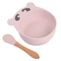 Ensemble de bol à ventouse en silicone rose et cuillère à manche en bois pour alimentation bébé - Cuillère à manche en bois et bol ours Y26