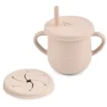 Silicone baby straw training cup with dual handles and snack lid in light pink for toddlers. - Y24 Sippy Cup with Snack Lid