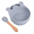 Set de bol d'aspiration pour bébé en silicone et cuillère en bois forme d'ours vaisselle - Cuillère avec manche en bois + Bol ours Y18