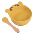 Joli bol à ventouse en silicone jaune motif d'ours avec cuillère pour bébé repas ensemble - Cuillère avec manche en bois + Bol ours Y17