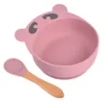 Set bol à ventouse en silicone pour bébé et cuillère en bois vaisselle rose forme d'ours - Cuillère à manche en bois et bol ours Y19