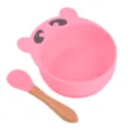 Bol d'aspiration pour bébé en silicone rose avec cuillère en bois pour les tout-petits. - Cuillère avec manche en bois + Bol ours Y14