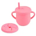 Pink silicone baby training cup with straw, dual handles and extra snack lid for toddlers. - Y14 Straw Cup + Snack Lid