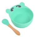 Ensemble bol à ventouse et cuillère en silicone pour bébé, design ours vert mignon. - Cuillère avec manche en bois + Bol ours Y13