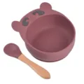 Set de bols à ventouse pour bébé en silicone et cuillère en bois mauve design oreilles d'ours. - Cuillère avec manche en bois + Bol ours Y16