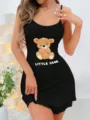 Women black spaghetti strap camisole dress with cute teddy bear graphic print for casual home wear. - S / Teddy Bear / Black