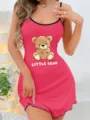 Women pink spaghetti strap slip dress with cute bear print and letter design for sleep. - S / Teddy Bear / Red