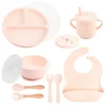 Set de vajilla de silicona para bebe de 9 piezas plato con ventosa y babero rosa - Plato Y4 con tapa, bol con orejas con tapa, babero, vaso con pajita, tapa para aperitivos, cuchara y tenedor de silicona, y cuchara y tenedor con mango de madera