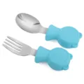 Baby stainless steel fork and spoon set blue silicone bear handle training cutlery - Light Blue