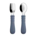 Toddler stainless steel training fork and spoon set with soft silicone handles for kids mealtime. - Y10