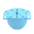 Blue silicone baby snack cup with dual handles and spillproof petal lid for portable travel snacks. - Blue