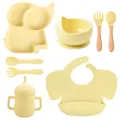 Set de repas bébé en silicone avec assiette éléphant, bol, cuillère, fourchette et bavoir - Y11 (Bavoir Couleur Unie)