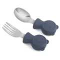 Baby silicone spoon and fork set, stainless steel toddler feeding cutlery in dark gray. - Dark Gray