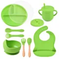 Groene siliconen baby eetset met verdeelde bord kom lepel vork en slabbetje voor peuters - Y7 Set met deksel