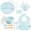 9-Piece Baby Silicone Feeding Set Light Blue Divided Plate Bowl Bib Fork Spoon Cup - Y5 Plate + Lid + Handle Bowl + Lid + Bib + Sippy Cup + Snack Lid + Silicone Fork & Spoon + Wood Handle Fork & Spoon
