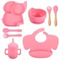 Kit de repas pour bébé en silicone rose avec assiette éléphant, bol, cuillère et bavoir. - Y14 (Bavoir Couleur Unie)