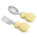 Baby stainless steel fork and spoon set, yellow silicone bear handle toddler tableware. - Light Yellow