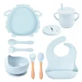 Baby silicone tableware set with suction plate cup spoon fork and bib in light blue color. - Y5 Lamb Set