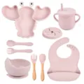 Set repas bebe en silicone rose avec assiette homard bol tasse bavoir cuillere. - Ensemble / Rose