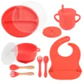 Silicone baby feeding set 9 pieces divided plate bowl cup bib utensils in coral red - Y6 Plate + Lid + Handle Bowl + Lid + Bib + Sippy Cup + Snack Lid + Silicone Fork & Spoon + Wood Handle Fork & Spoon