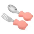 Baby stainless steel training fork and spoon set with pink silicone bear handle for kids. - Pink