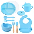 Baby siliconen servies set met zuignap bord kom kop lepel vork en slabbetje blauw - Y9 set met deksel