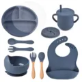Leisteenblauwe siliconen baby eetset variant met verdeeld bord, kom, beker en slabber. - Y10 set met deksel