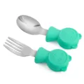 Cute baby silicone fork and spoon set with stainless steel heads and turquoise bear handles. - Turquoise