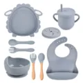 Baby silicone tableware set infant suction divided plate straw cup training spoon bib - Y18 Lamb Set