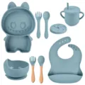 Baby Silikon Geschirr Set mit Saugnapf Teller Schale Tasse Lätzchen und Löffel für Kleinkinder. - Y21 Cartoon-Teller + Lätzchen + Schüssel + Löffel & Gabel mit Holzgriff + Silikonlöffel & -gabel + Herzbecher + Snackdeckel