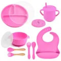 Pink silicone baby feeding set with divided plate, suction bowl, cup and bib for toddlers. - Y8 Plate + Lid + Handle Bowl + Lid + Bib + Sippy Cup + Snack Lid + Silicone Fork & Spoon + Wood Handle Fork & Spoon