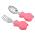 Baby fork and spoon set stainless steel pink bear silicone handle toddler tableware variant - Pink
