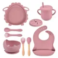 Baby silicone tableware set infant feeding plate straw cup wooden spoon fork bib pink kids - Y19 Lamb Set