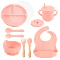 Roze siliconen baby servies set met verdeeld bord, zuignapkom, tuitbeker en slabber voor eten. - Y12 set met deksel