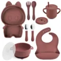 Silikon Baby Geschirr Set mit Monsterteller, Schüssel, Becher, Löffel, Gabel und Lätzchen. - Y16 Cartoon-Teller + Lätzchen + Schüssel mit Ohren + Deckel + Herz-Edelstahllöffel & -gabel + Silikonlöffel & -gabel + Herzbecher + Snackdeckel