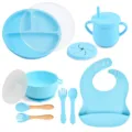 Baby silicone feeding set 9-piece toddler suction plate bowl cup bib fork spoon blue - Y9 Plate + Lid + Handle Bowl + Lid + Bib + Sippy Cup + Snack Lid + Silicone Fork & Spoon + Wood Handle Fork & Spoon