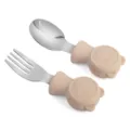 Baby stainless steel fork and spoon set with cute silicone handle for toddler feeding. - Light Khaki