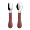 Stainless steel baby fork and spoon set with silicone handles, toddler safe training cutlery. - Y16