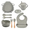 Baby silicone tableware set with suction plate, straw cup, wooden spoon and adjustable bib. - Y22 Lamb Set