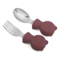 Stainless steel baby training spoon and fork set with dark maroon bear silicone handle. - Deep Red Brown