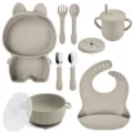 Silikon Baby Esslernset mit geteiltem Teller Schale Becher Lätzchen Löffel Gabel. - Y20 Cartoon-Teller + Lätzchen + Schüssel mit Ohren + Deckel + Herz-Edelstahllöffel & -gabel + Silikonlöffel & -gabel + Herzbecher + Snackdeckel