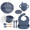 Silicone baby feeding set 9pcs, divided plate, suction bowl, sippy cup, bib and utensils. - Y10 Feeding Set: Plate & Lid, Bowl with Handles & Lid, Bib, Sippy Cup & Snack Lid, Silicone & Wooden Handle Spoon & Fork